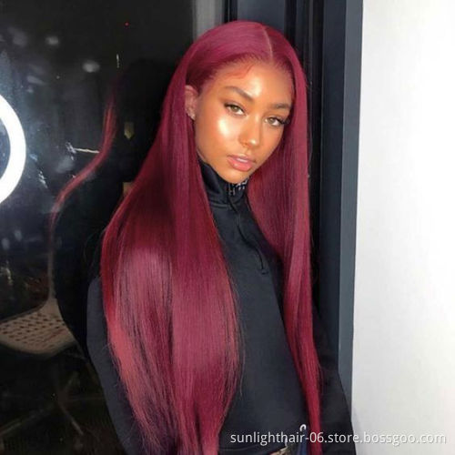 Sunlight wholesale High Quality 99J 13*4lace front wig peruvian hair straight body wave curly Brazilian virgin human hair wig